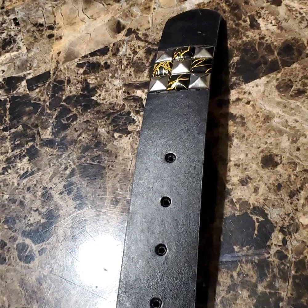 1.5 inch pyramid studded belt - yellow black silver